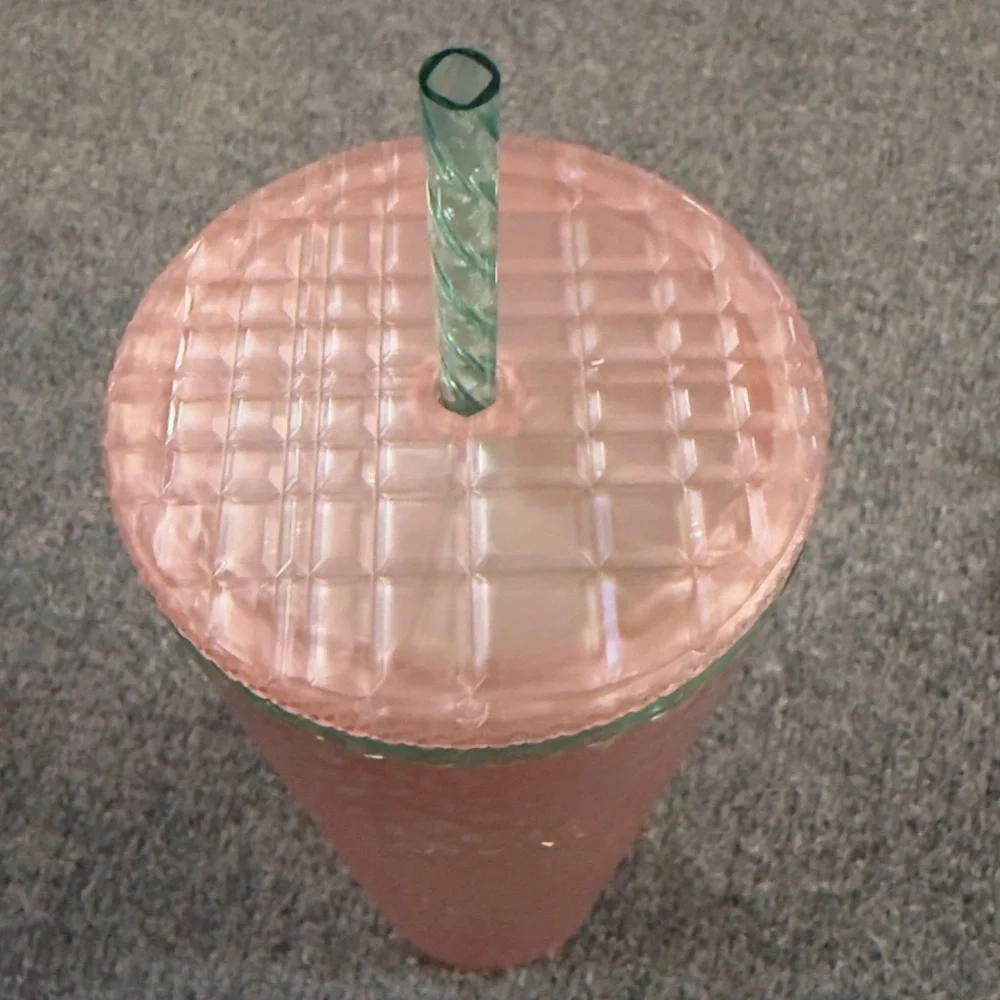 Starbucks 24oz Iridescent Pink & Green Diamond Texture Tumbler Cup Green Straw